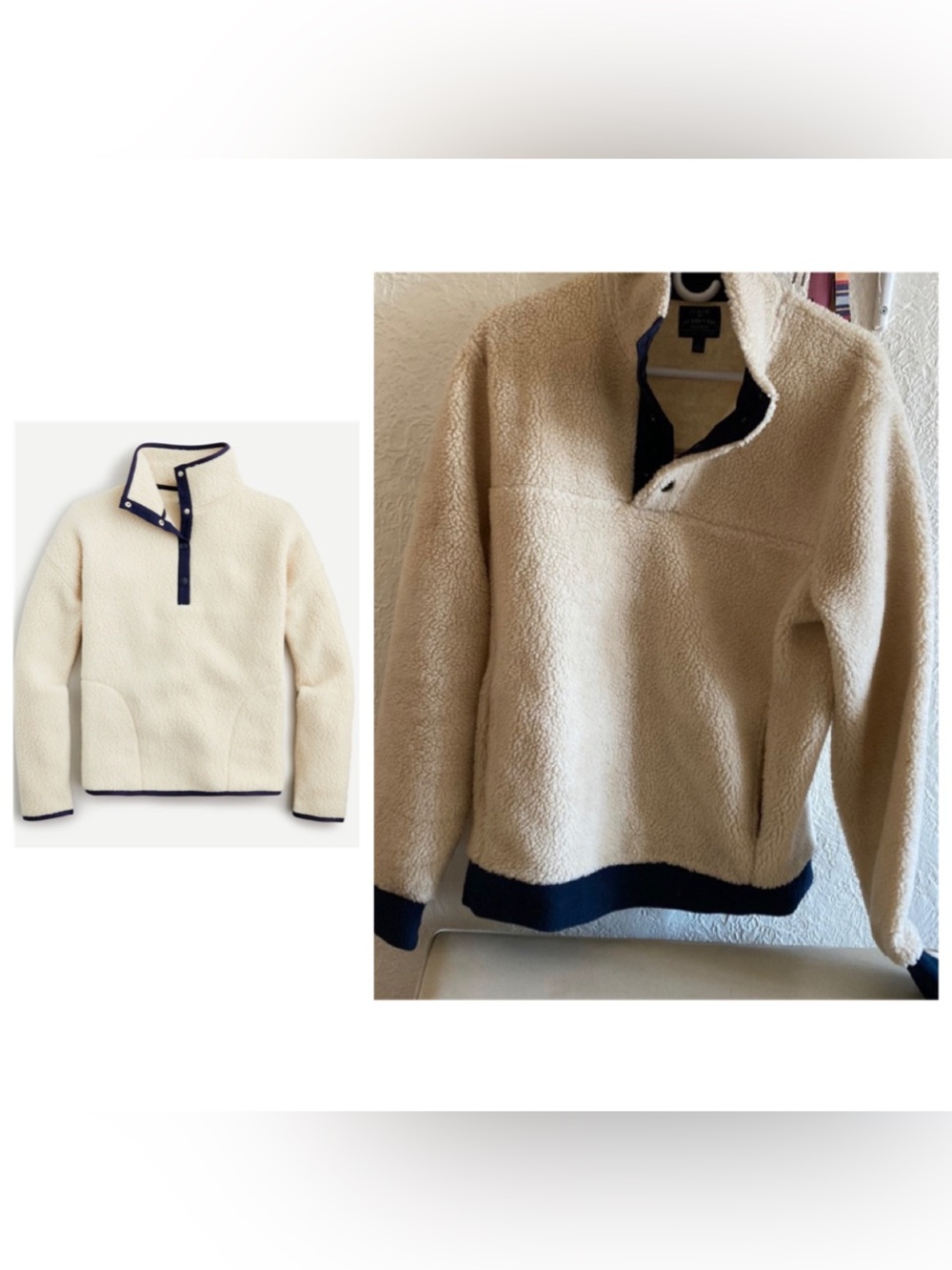 J. Crew Cream Sherpa Zip-Up Pullover with Navy Trim
